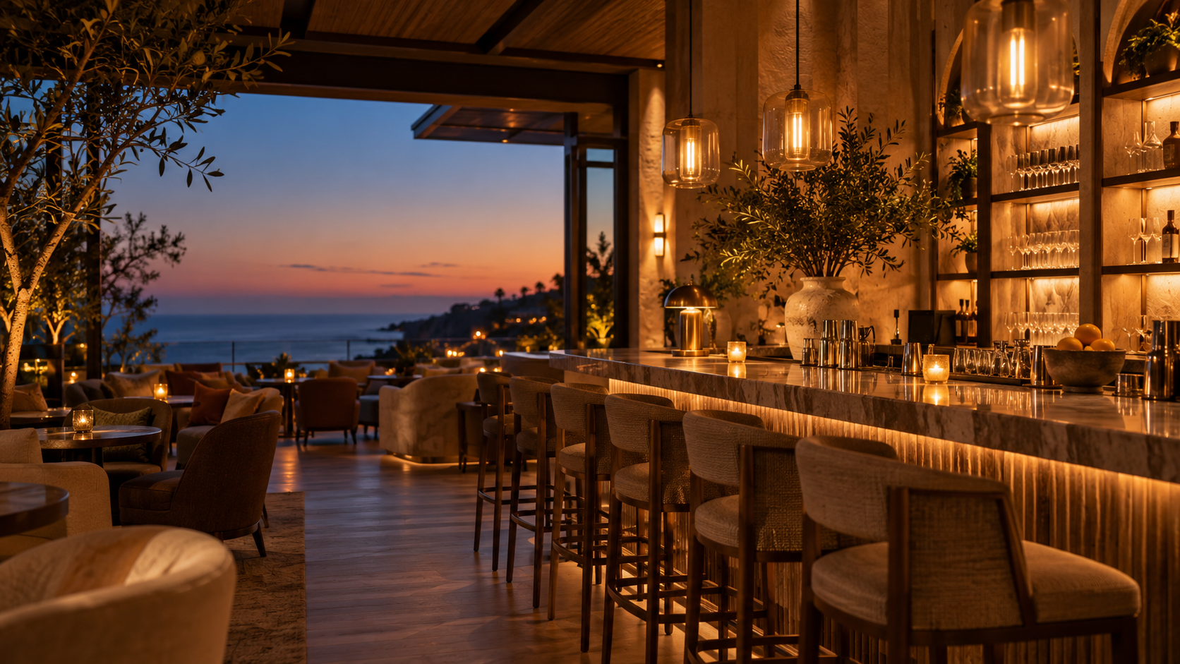 An inviting coastal bar at dusk